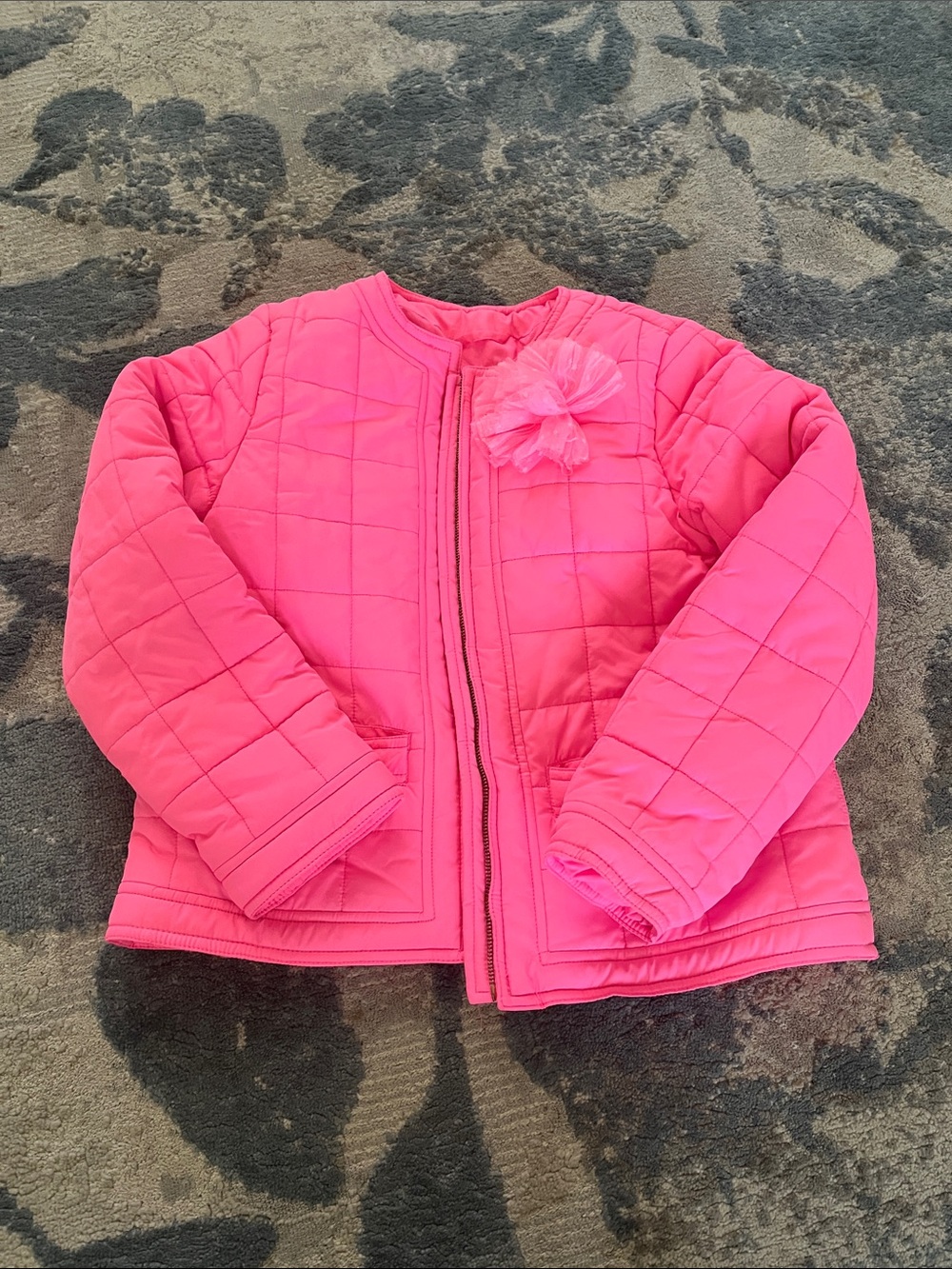 Crewcuts Bright Hot Pink Quilted Puffer Jacket with Flower Detail